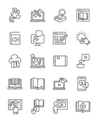set of online study thin line icons, education, study form home, online library