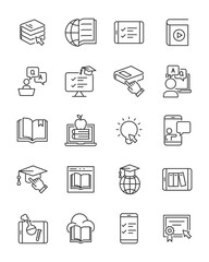 set of online study thin line icons, education, study form home, online library