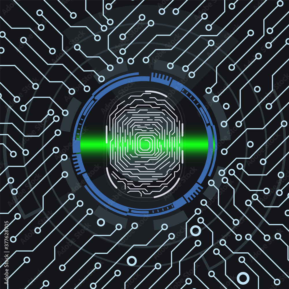Poster Cyber Security Fingerprint Scanning Technology Infographic Background. Circuit Board Protection Futuristic Element Vector.