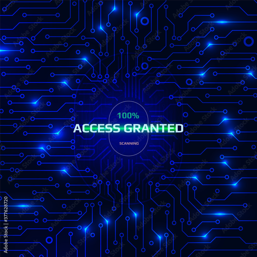 Poster Fingerprint Security Scanning Digital System Personal Information Identify Vector. Blue Abstract Circuit Board Authentication Accept Cyber Concept Illustration