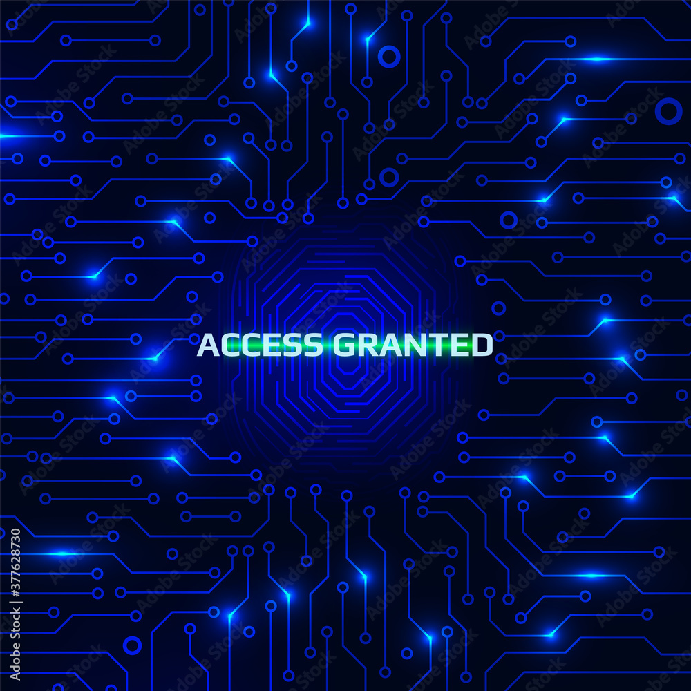 Poster Fingerprint Security Scanning Digital System Personal Information Identify Vector. Blue Abstract Circuit Board Authentication Accept Cyber Concept Illustration.