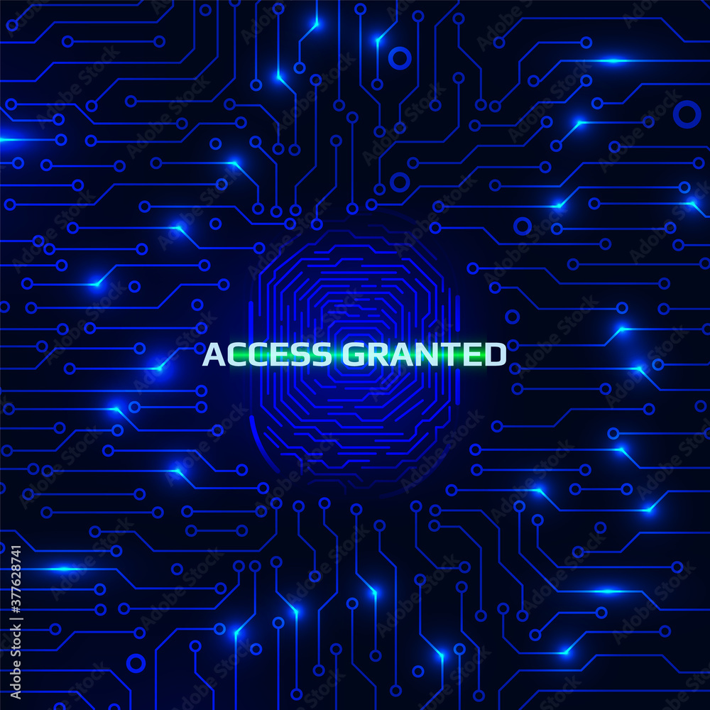 Poster Fingerprint Security Scanning Digital System Personal Information Identify Vector. Blue Abstract Circuit Board Authentication Accept Cyber Concept Illustration.