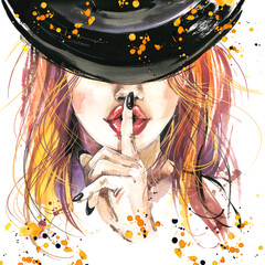 Halloween witch watercolor illustration. Halloween party hand drawn posters 