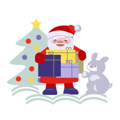 Santa Claus With boxes of gifts, Christmas tree, hare. Vector illustration, flat style.