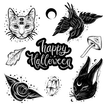 Witchcraft, magic atributes collection. Halloween elements set.