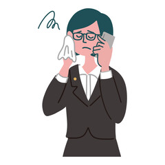 スーツ　女性　メガネ　士業　携帯電話　スマホ　悩んでいる　冷や汗
