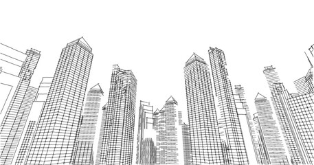 Fototapeta na wymiar City skyscrapers sketch, architecture 3d illustration.