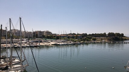 Fototapeta na wymiar Drone shot over a marina in Thessaloniki, Greece during summer