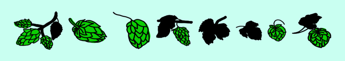 a set of plants with cones and green leaves, isolated on blue background