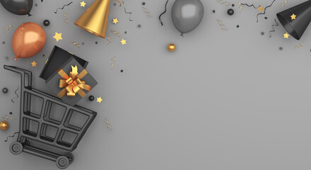 Black Friday sale background decoration with shopping trolley, gift box, flying gold balloon product display mock up on studio lighting. 3D rendering illustration.