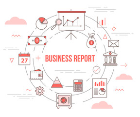 business report concept with icon set template banner with modern orange color style