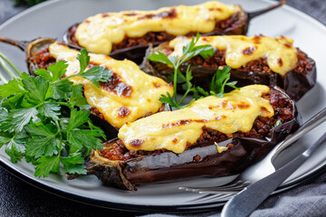 Eggplants stuffed with ground beef on a plate