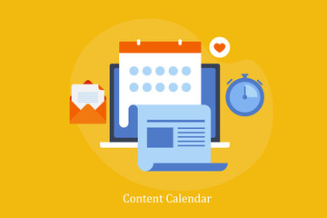 Content calendar, social media managing tool and software application, content publishing , social media post scheduling app for online business. Flat design web banner, digital marketing concept.