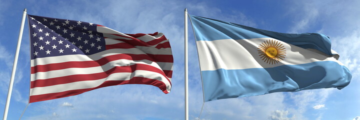 Flags of the USA and Argentina on flagpoles. 3d rendering