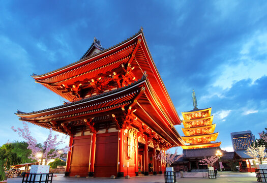 Asakusa temple with pagoda at night, Tokyo, Japan