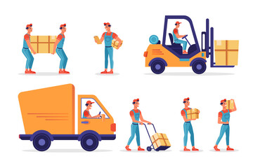 Warehouse workers with parcels boxes, delivery and shipping, vector flat isolated icons. Logistics and shipment process, workers carrying parcels, forklift truck loading or unloading to delivery car