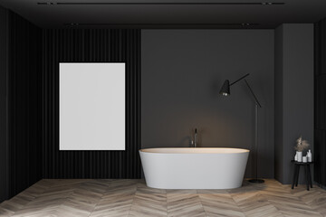Fototapeta na wymiar Dark gray bathroom with tub and poster