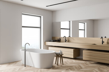 Wooden and white bathroom corner with tub