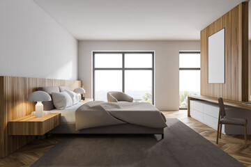 Fototapeta na wymiar White and wooden bedroom, side view