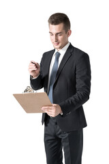 Business man with clipboard, isolated