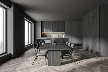 Table in gray and wooden kitchen