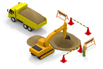 A person who works at a construction site. A truck that carries garbage. Excavator operation. isometric.