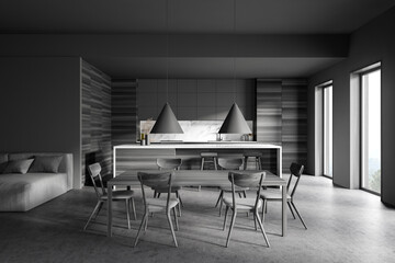 Gray and wooden kitchen with bar and table