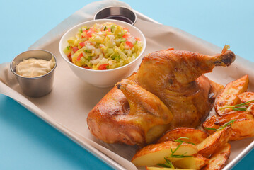 Whole roasted chicken on a plate served with vegetable salad, baked potatoes and twho different kinds of sauce.
