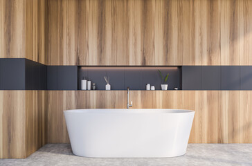 Obraz na płótnie Canvas Wooden and gray bathroom with tub