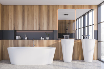 Wooden and gray bathroom interior, tub and sink