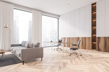 White and wooden living room corner with table