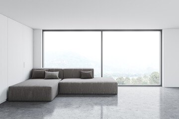 Fototapeta na wymiar White living room with sofa and closet, side view