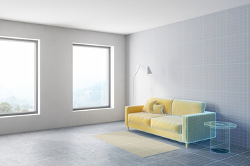White living room corner with yellow sofa