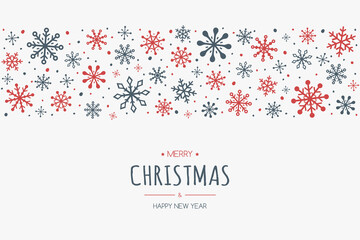 Christmas background with hand drawn snowflakes and greeting. Xmas decoration. Vector