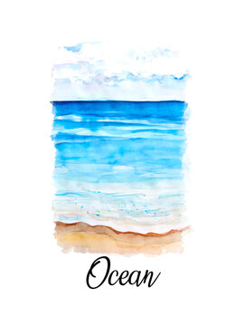 Aquarelle painting of ocean. Hand drawing, illustration art.