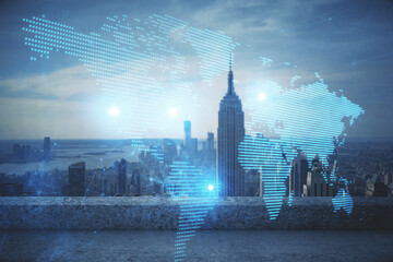 Double exposure of social network theme drawing and cityscape background. Concept of people connecton.