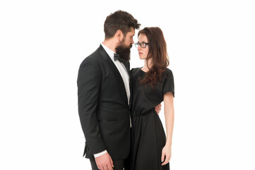 Romantic feelings. love and desire concept. happy valentines day. tender moment. couple in love looking eye to eye. love date for man and woman. formal couple of tuxedo man and elegant girl