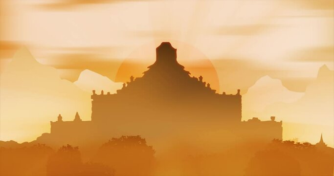 Background with a stylized ancient temple or an abandoned pyramid in uncharted lands. Looped, repeating underlay on the theme of travel to exotic countries and unusual experiences