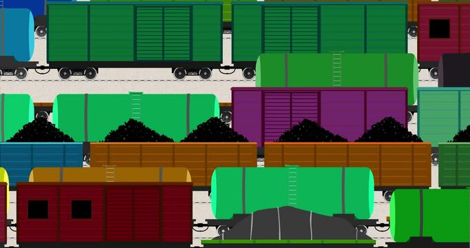 An endlessly repeating background with stylized freight cars. Looped train trains with coal and gasoline in illustration style. Mineral transportation business template with blank space for title