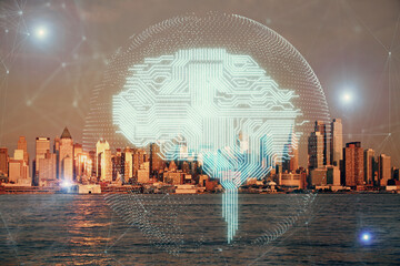 Brain hologram drawing on cityscape background multi exposure. Ai in modern city concept.