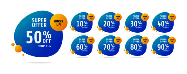 Sale tags set vector badges template, up to 10, 20, 90, 80, 30, 40, 50, 60, 70 percent off, vector illustration. Discount banner for social media. 