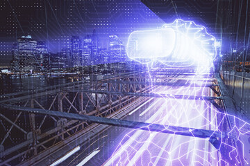 Double exposure of AR people drawing and cityscape background. Concept of augmented reality.