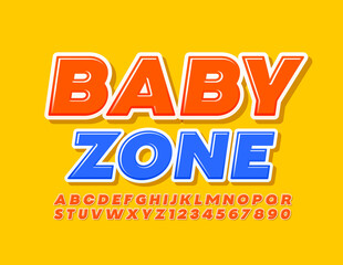 Vector modern emblem Baby Zone. Orange bright Font. Alphabet Letters and Numbers for Kids