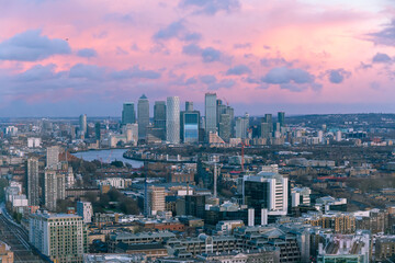 Fototapeta na wymiar Aerial sunset cityscape of London and the River Thames with Canary Wharf in the background