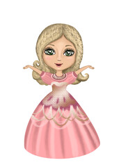 Blond hair super cute princess in decorative pink dress. Hand drawn fairy tale little girl. Isolated on white background. Little queen. Nursery room decor, poster. Kids illustration. Cartoon. Clip art