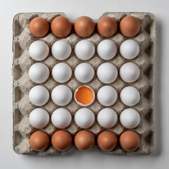 Carton of fresh brown and white eggs on white background