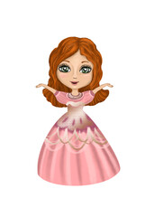Red hair super cute princess in decorative pink dress. Hand drawn fairy tale little girl. Isolated on white background. Little queen. Nursery room decor, poster. Kids illustration. Cartoon. Clip art