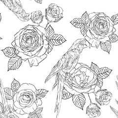 seamless pattern black and white rose with leaves and macaw parrot for fashion textile, flower and bird vector illustration