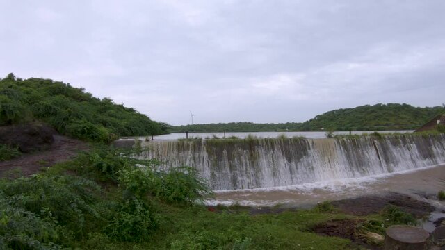 View of the overflowing check dam in Vadsar Lake at Wankaner, Gujarat, India	