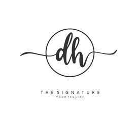 D H DH Initial letter handwriting and signature logo. A concept handwriting initial logo with template element.